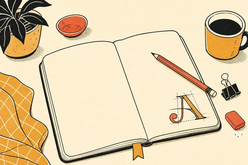 A warm illustrated desk scene with a notebook, a pencil, and a sketched letterform doodle