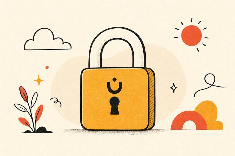 A simple illustrated padlock with a small friendly letterform stamped on its front