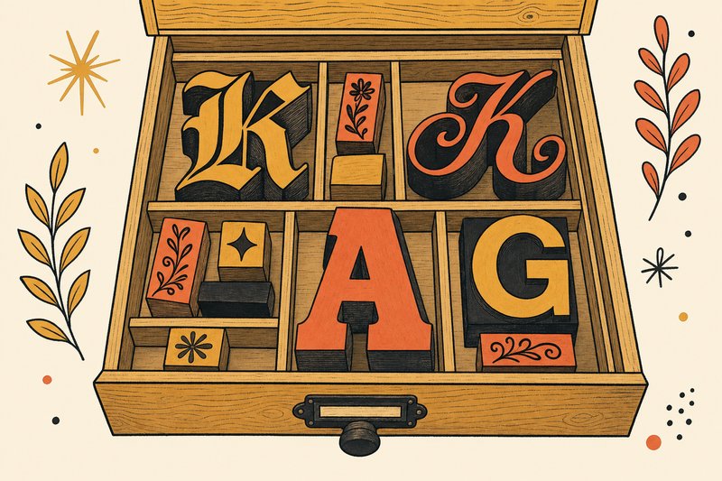An open wooden type-specimen drawer holding hand-drawn decorative letterforms