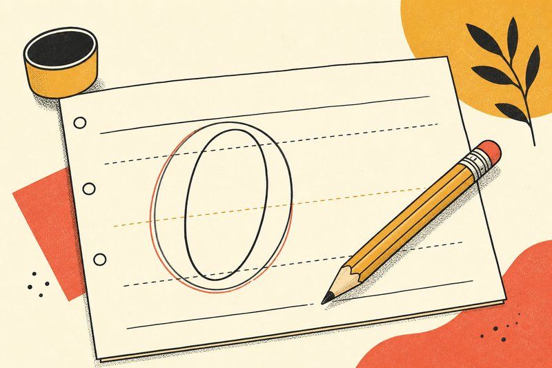 An illustrated ruled practice sheet with a pencil resting beside a freshly traced letterform