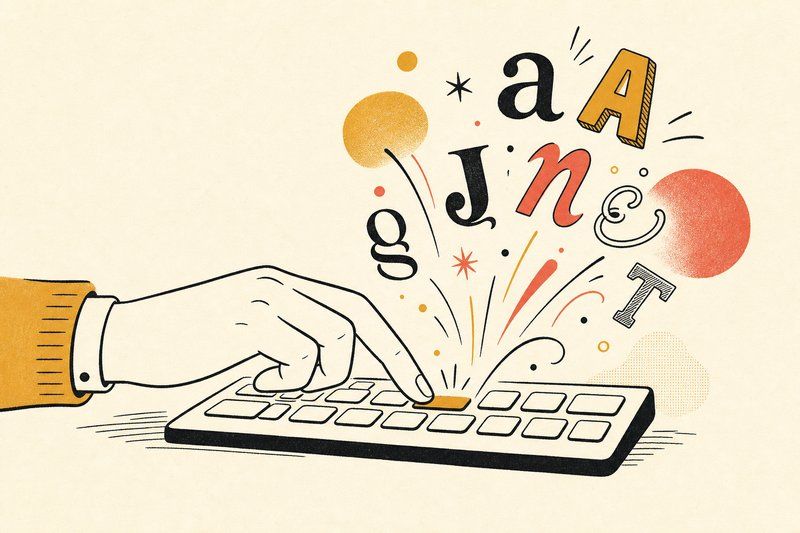 An illustrated hand typing letterforms popping up from a keyboard